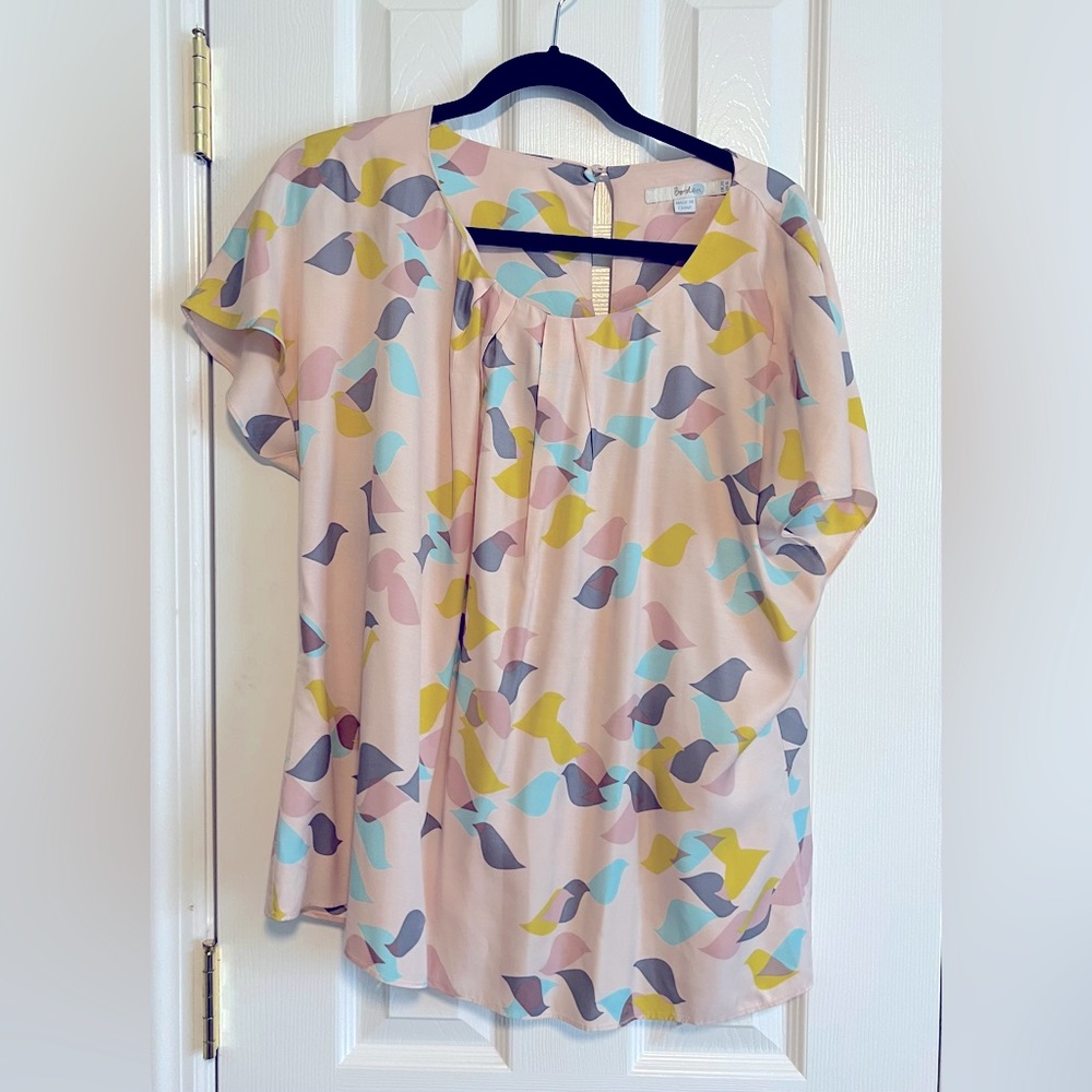 Boden Pink Bird-Print Short Sleeve Blouse